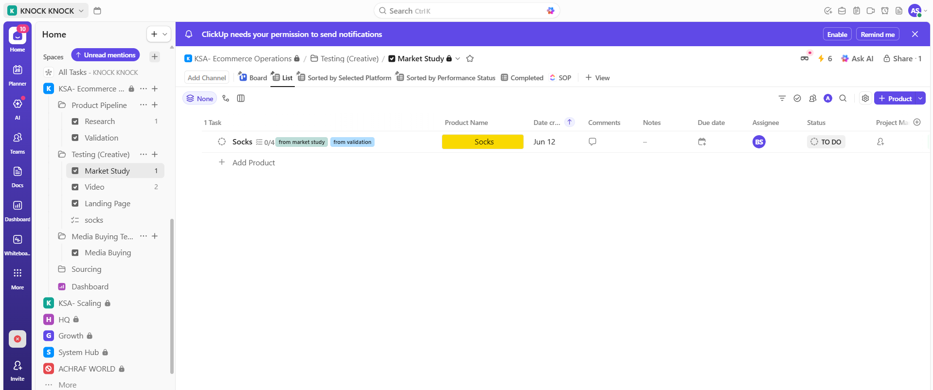 ClickUp for e-commerce management dashboard showing automated product pipeline and performance tracking